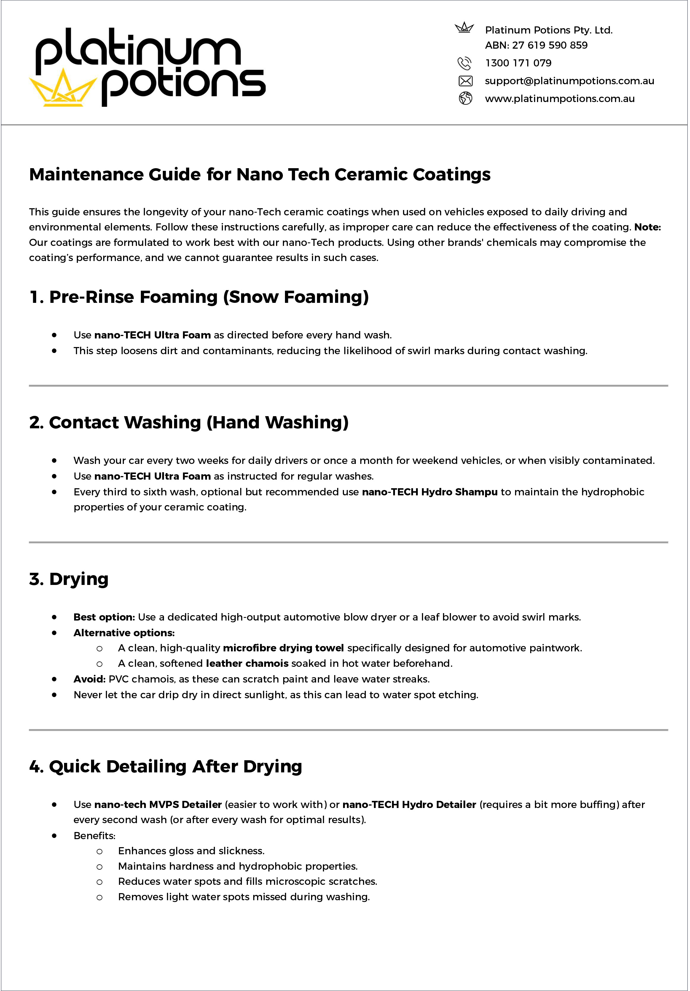 Platinum Potions nano-TECH Quartz AU Pro Coat Maintenance Guide